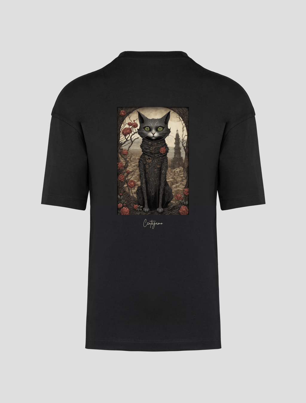 Camiseta Oversize Negra “Centágamo” – Black Cat Roses (Back Print)