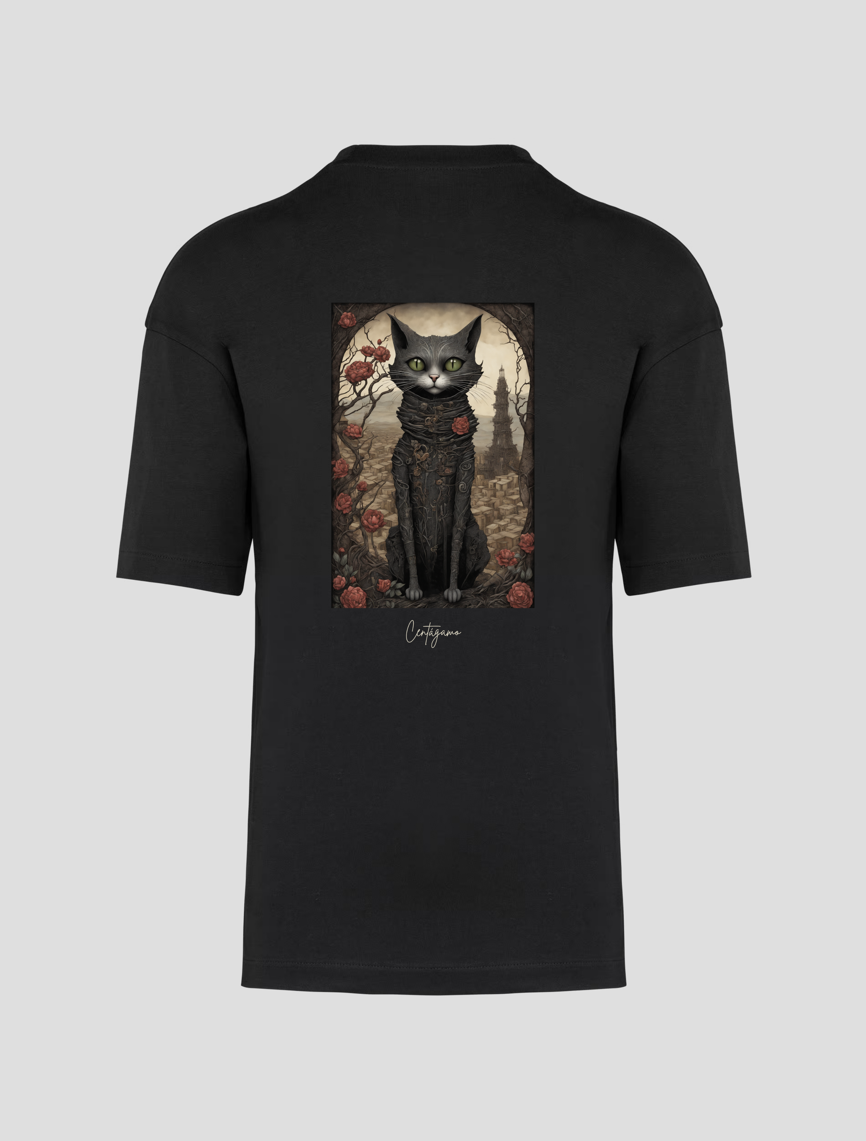Camiseta Oversize Negra “Centágamo” – Black Cat Roses (Back Print)